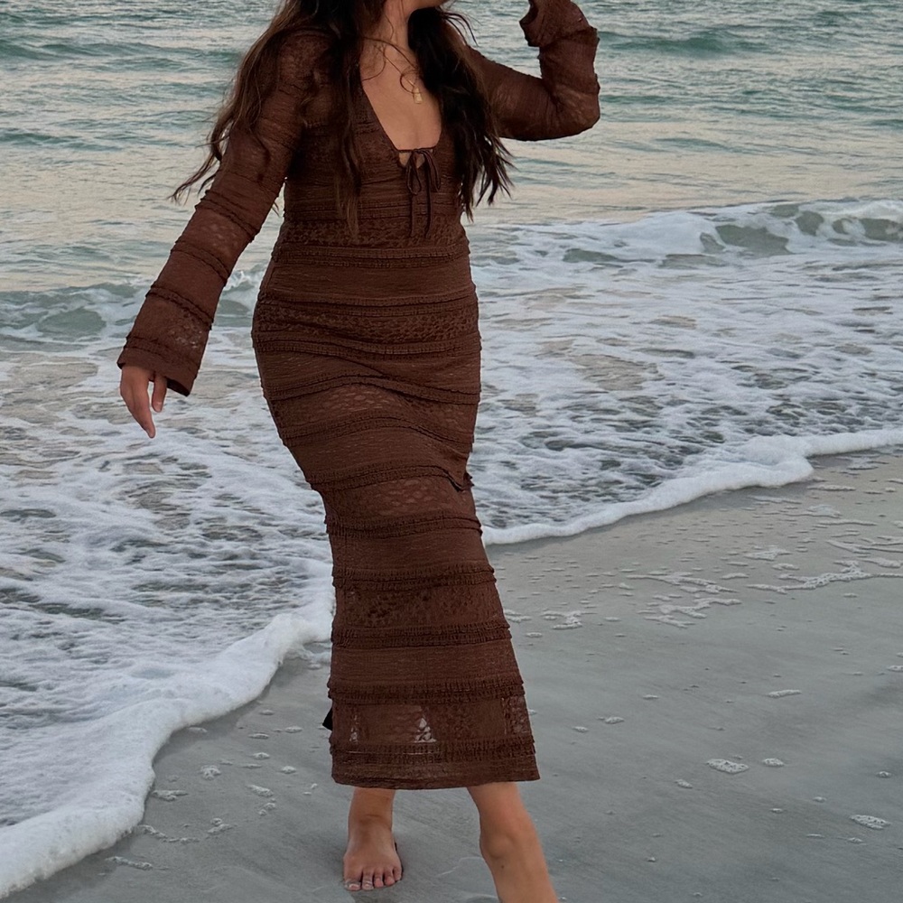 Sienna Sky Chocolate Brown Crochet Maxi Dress